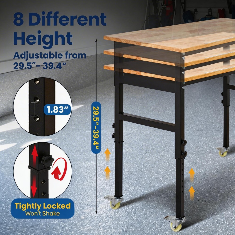 Adjustable Height Workbench 48"x24" Work Bench Table 2000Lbs with Pegboard Hooks