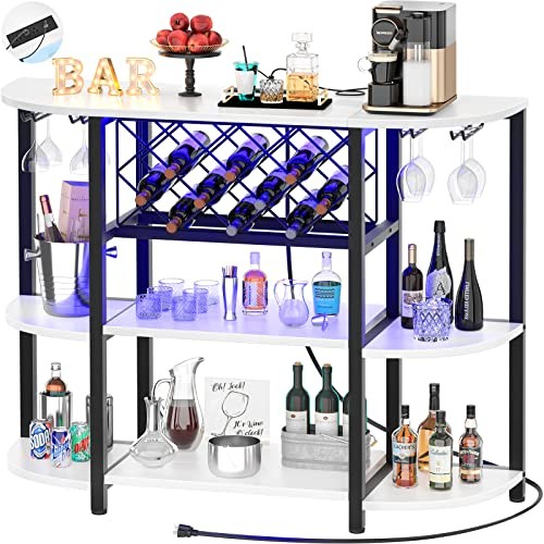 Bar Table Cabinet with Charging Station,Wine Rack Table with LED Light White