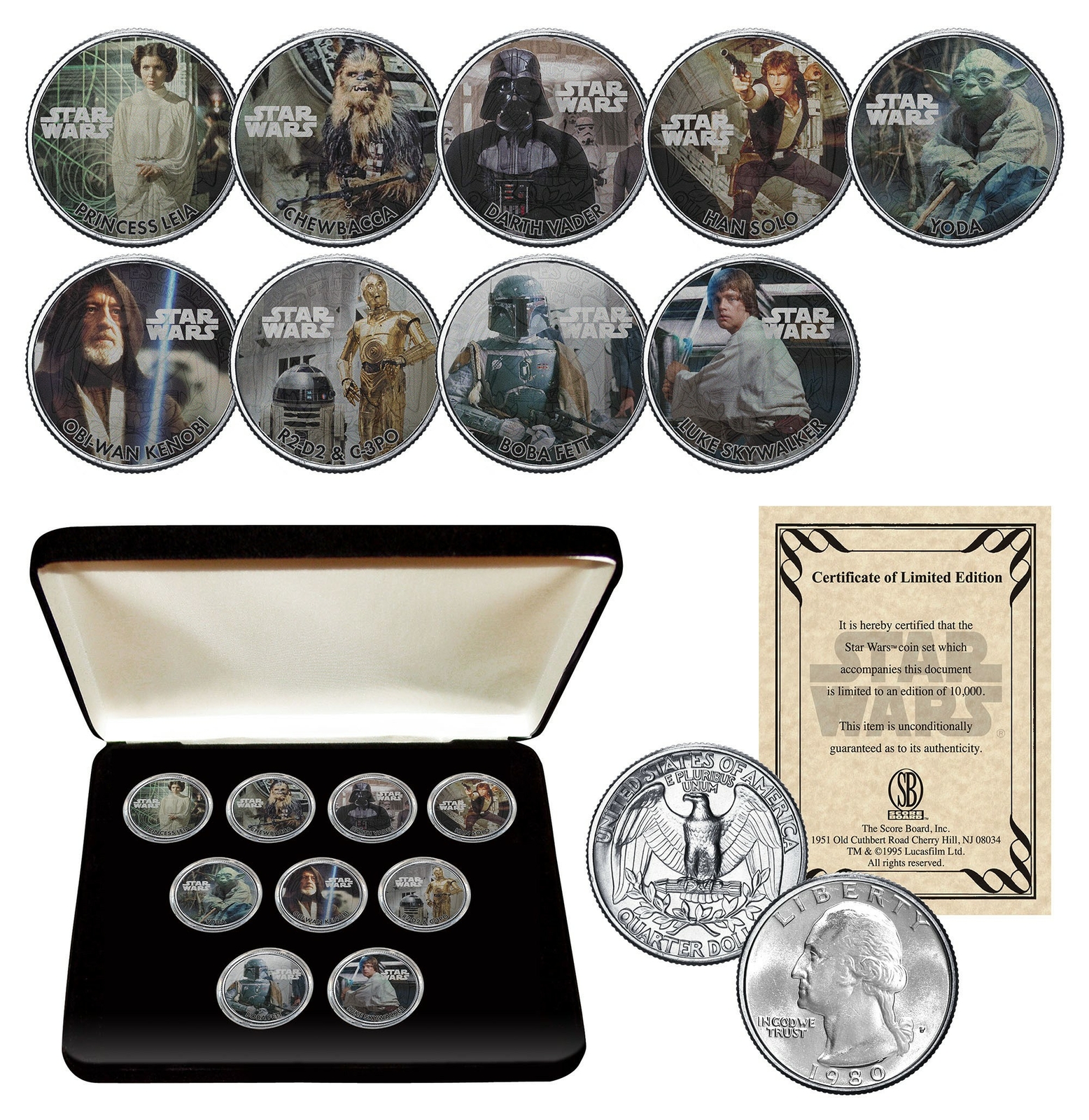 STAR WARS Genuine 1980 Washington Quarter 9-Coin Set w/BOX - OFFICIALLY LICENSED