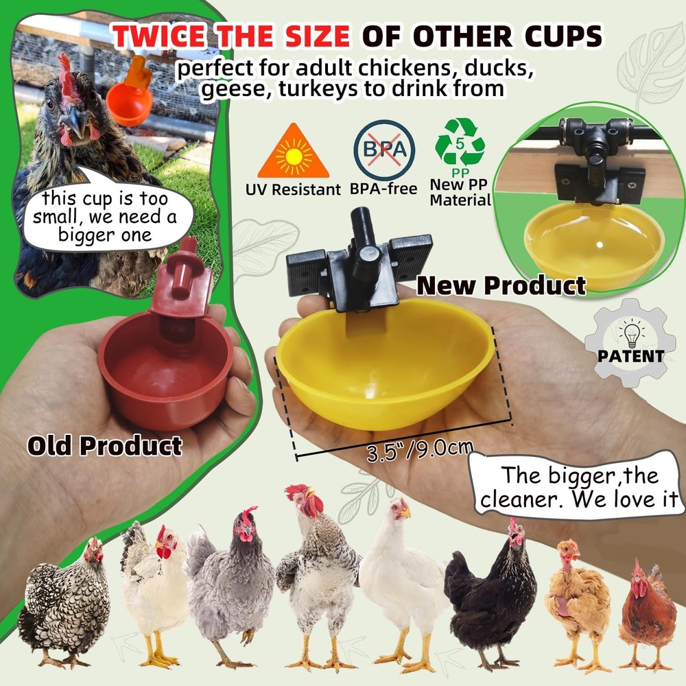 Chicken Waterer System Automatic Quick-Connect 18ft Pipeline 6Cup Yellow