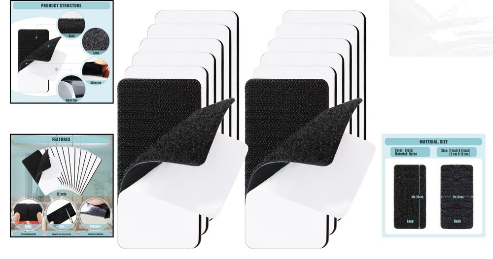Versatile Black Hook and Loop Strips - 12 Sets for Strong Adhesive Applications