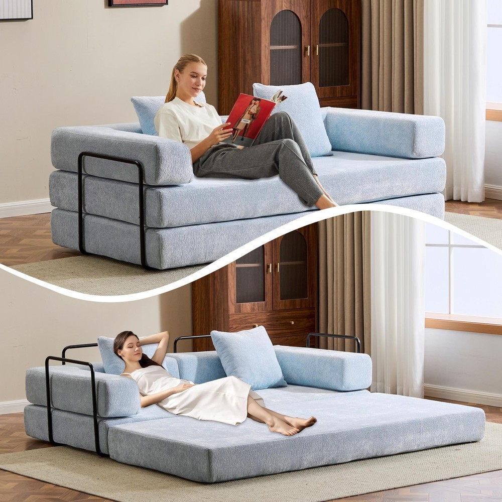 Light Blue Chenille Convertible Floor Sofa Bed W/ Pillow Armrest