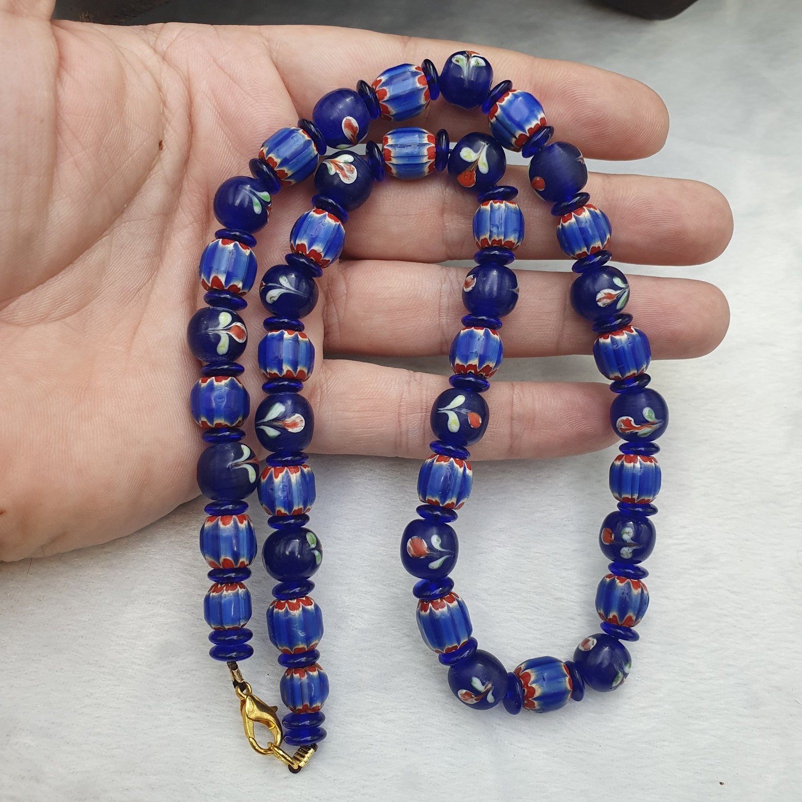 Vintage Venetian Cobalt Blue Floral & Striped Murano Style Beaded Necklace