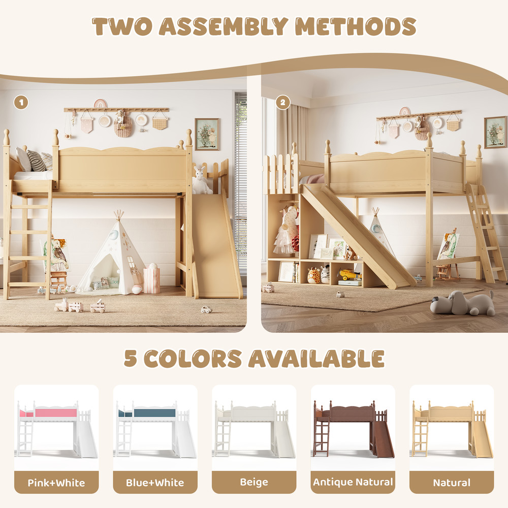 Full Solid Wood Loft Bed Frame with Storage Shelves Wardrobe & Detachable Slide