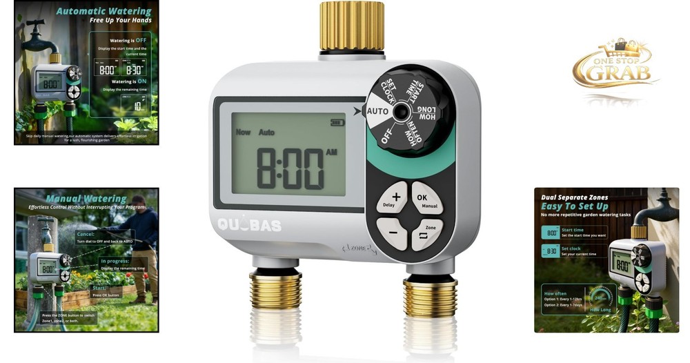 Brass Sprinkler Timer Programmable 2 Zone Water Hose Controller Waterproof LCD