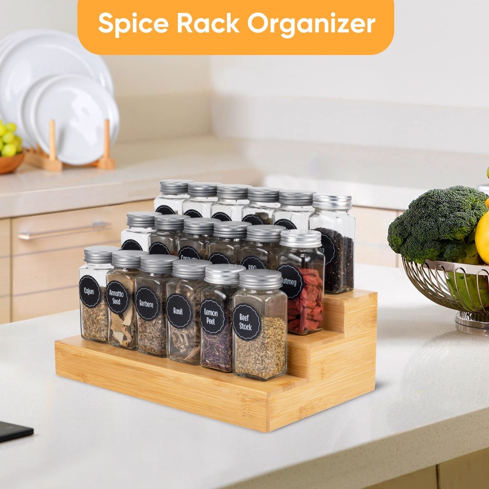 Bamboo Spice Rack Organizer - 3 Tier Kitchen Storage Shelf 2 Pack