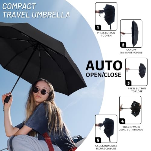 Travel Umbrella Windproof Automatic Umbrellas Small Compact UV Sun Black