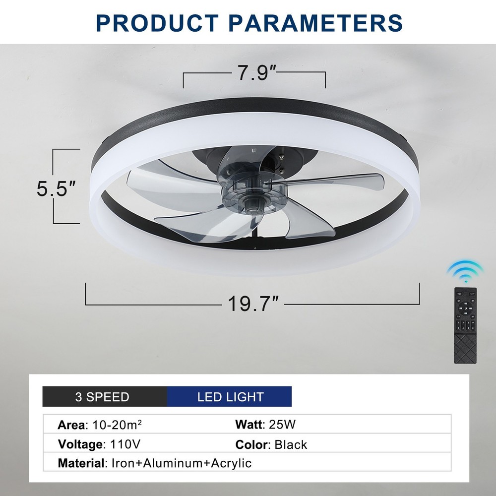 20" Modern Fan Lights Flush Mount LED Ceiling Light kit With APP Remote Control