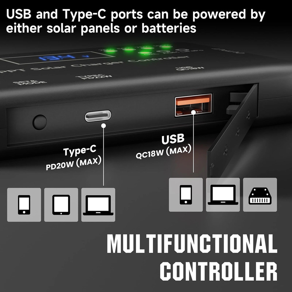 12V 10A MPPT Solar Charge Controller Solar Panel Charge Controller Type-C & USB