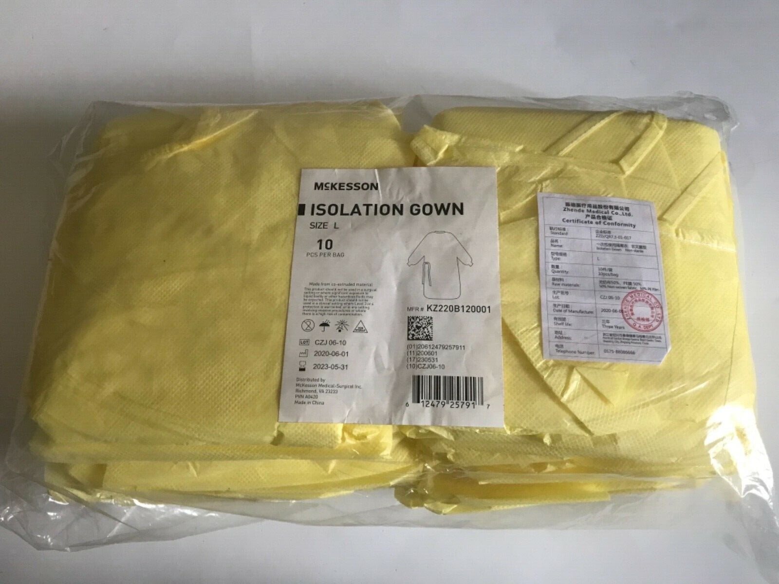 10 Count McKesson Yellow Isolation Gowns AAMI Level I GSM 30 Size Large Exp 2023