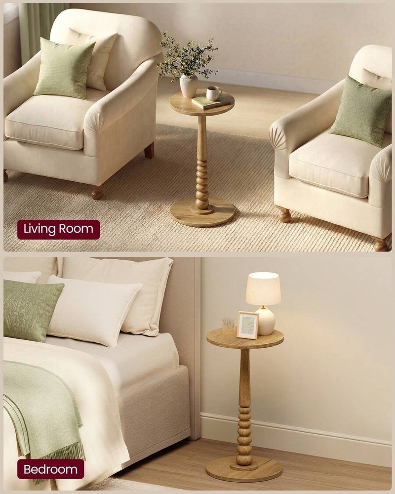 Round Mid-Century Side Table, Solid Wood Legs, Compact For Small Spaces