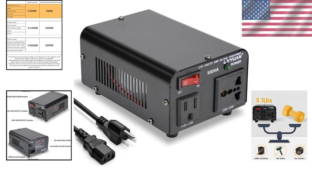 Compact 500W Voltage Converter: Step Up/Down Transformer for Low-Power Devices