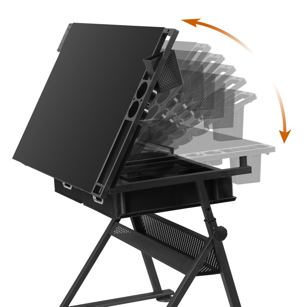 Black Drafting Table & Stool Se Adjustable Height W/ Drawers & Charge Station