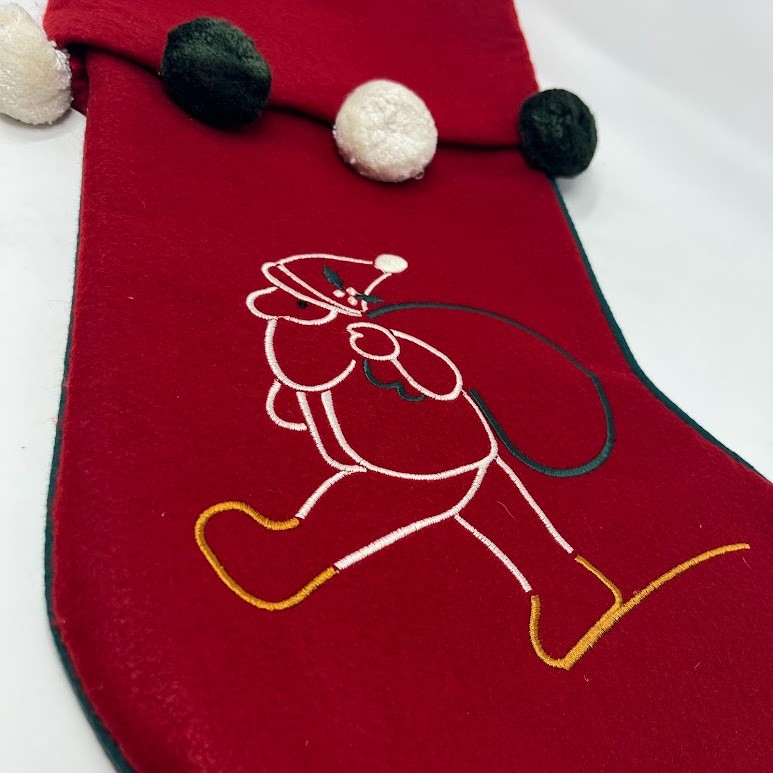 Vintage Red Christmas Stocking Santa Applique Felt Pom Pom Trim Holiday Decor