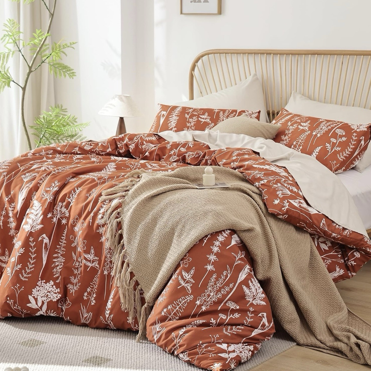 NEW West Elm Red Queen Size Comforter Botanical Print Bedding & Sham Case Set