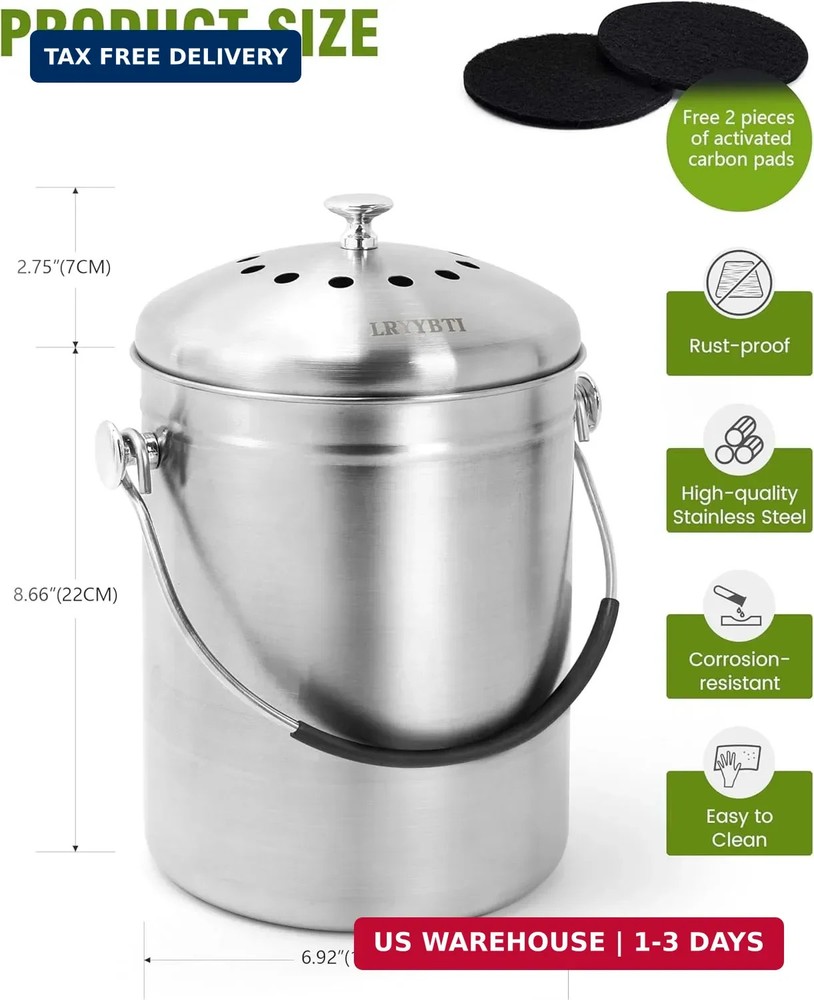 Countertop Compost Bin Kitchen with Lid and 2 Charcoal Filter for Odorless Compo