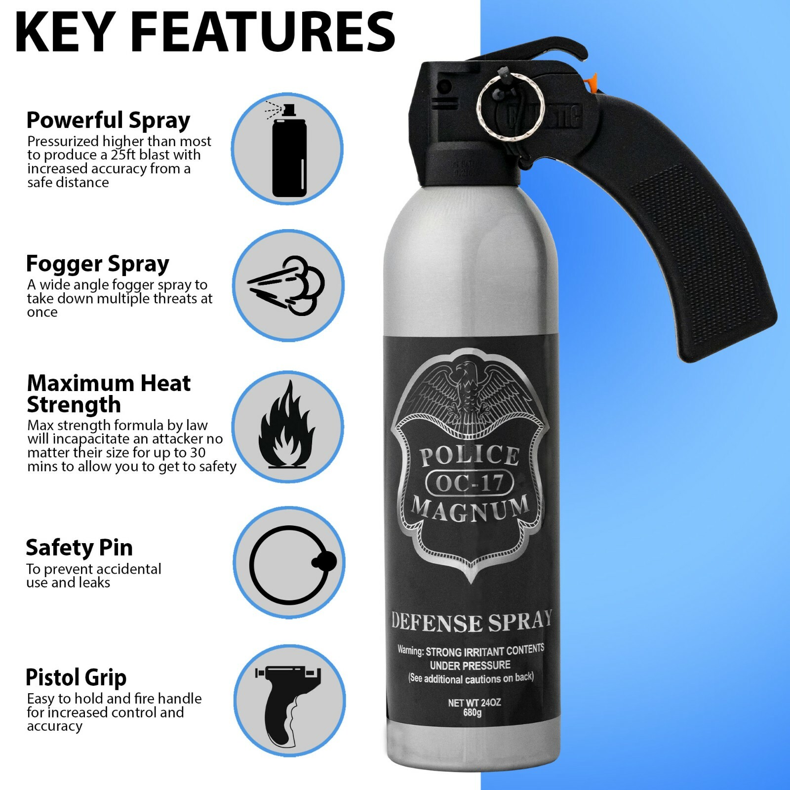 Police Magnum pepper spray 24oz Pistol Grip Fog Riot Defense Security Protection