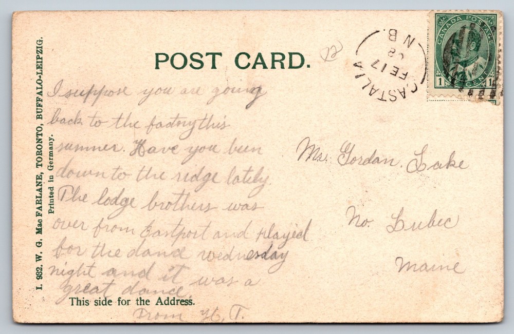 1908 Castalia New Brunswick Split Ring Cancel Cover Postcard