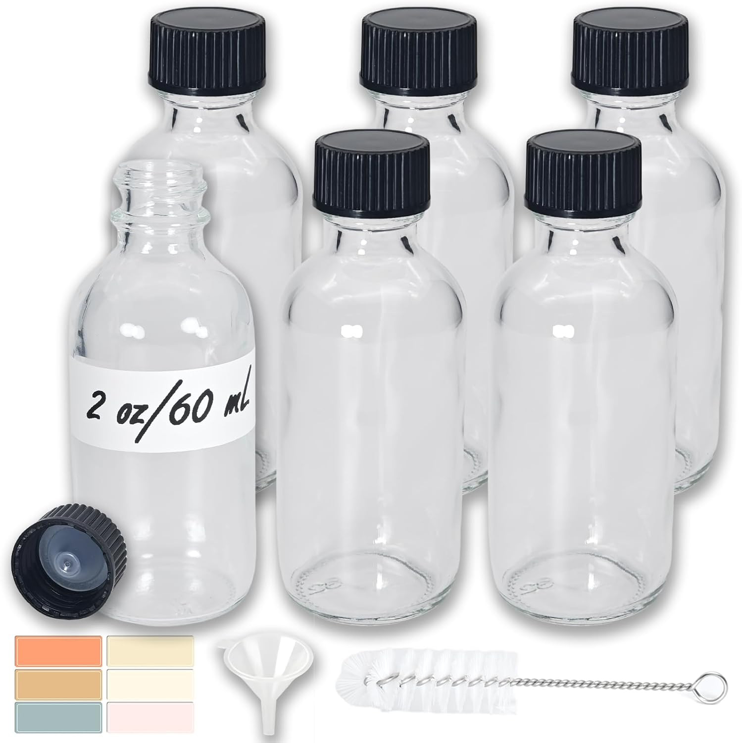 6 Pack 2Oz Shot Bottles with Caps, Leak-Proof 60Ml Small Clear Glass Bottles wit