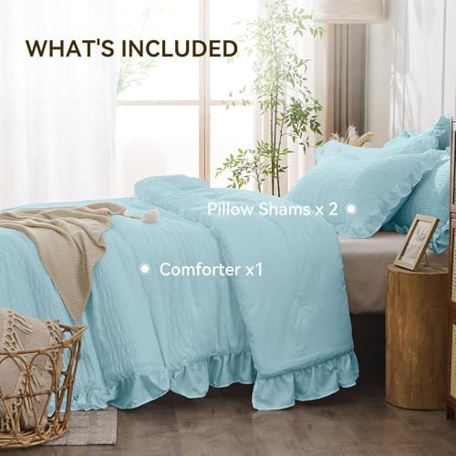 Comforter Set, 3 Pieces Seersucker Comforters Size, King Light Blue
