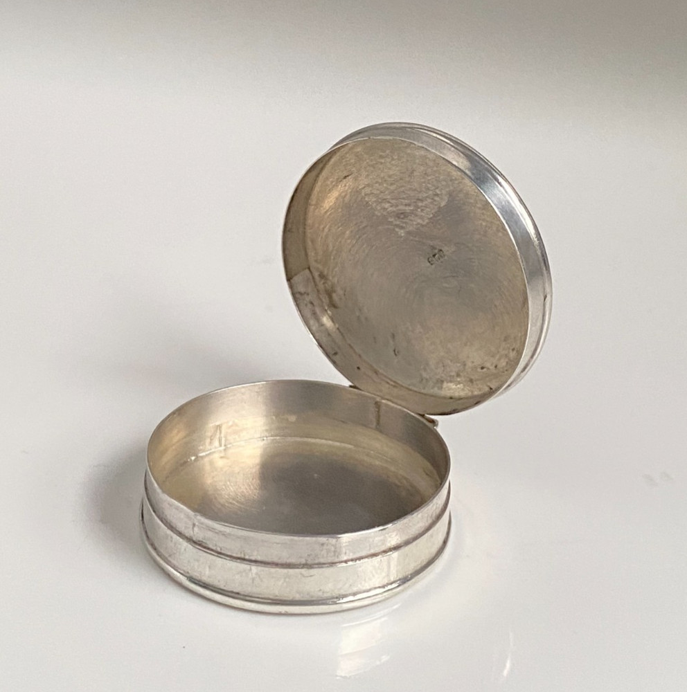 Vintage Carrs Solid Silver Hinged Pill Box Chased Foliate Border Hallmarked