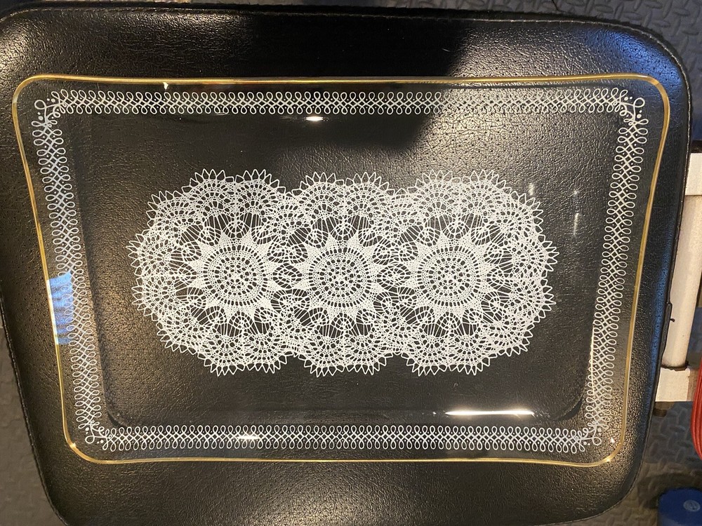 Glass Tray White Lace 13” Rectangular Tray From Crystal Clear Studios Gold Trim