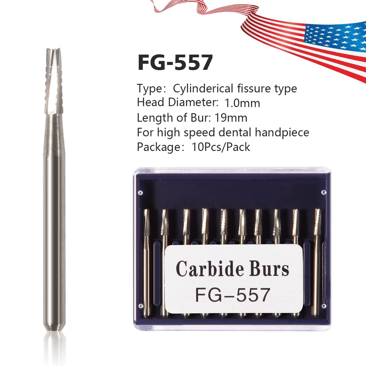 10PCS Dental Tungsten Carbide Steel Burs FG-557 for High Speed Handpiece
