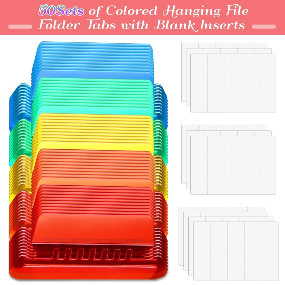 Hanging File Folder Tabs, 50 Sets Plastic Inserts for Office, Multicolor