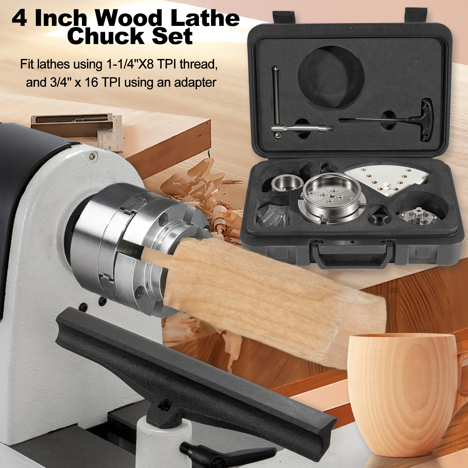 4 Inch Wood Lathe Chuck Set 1" x 8 tpi Thread Self Centering 4 Jaw Wood Turning