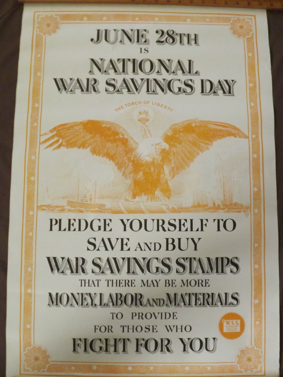 WORLD WAR 1 ORIGINAL NATIONAL WAR SAVINGS DAY BALD EAGLE LIBERTY TORCH POSTER