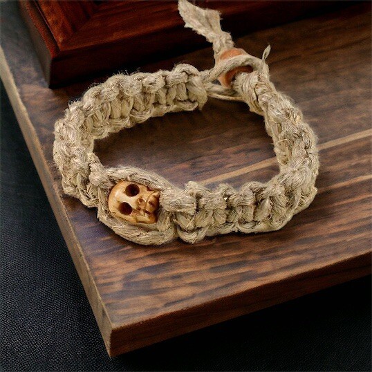 Thick Hemp Bracelet With Carved Scull Bead