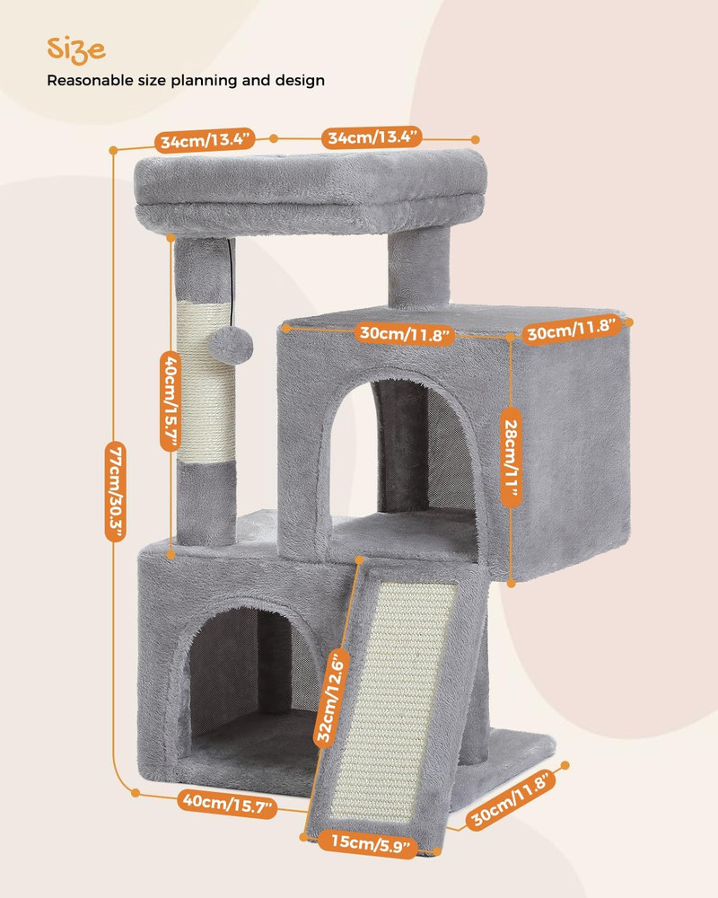 30" Cat Tree with Dual Condos, Plush Perch, Scratching Ramp & Balls - Gray