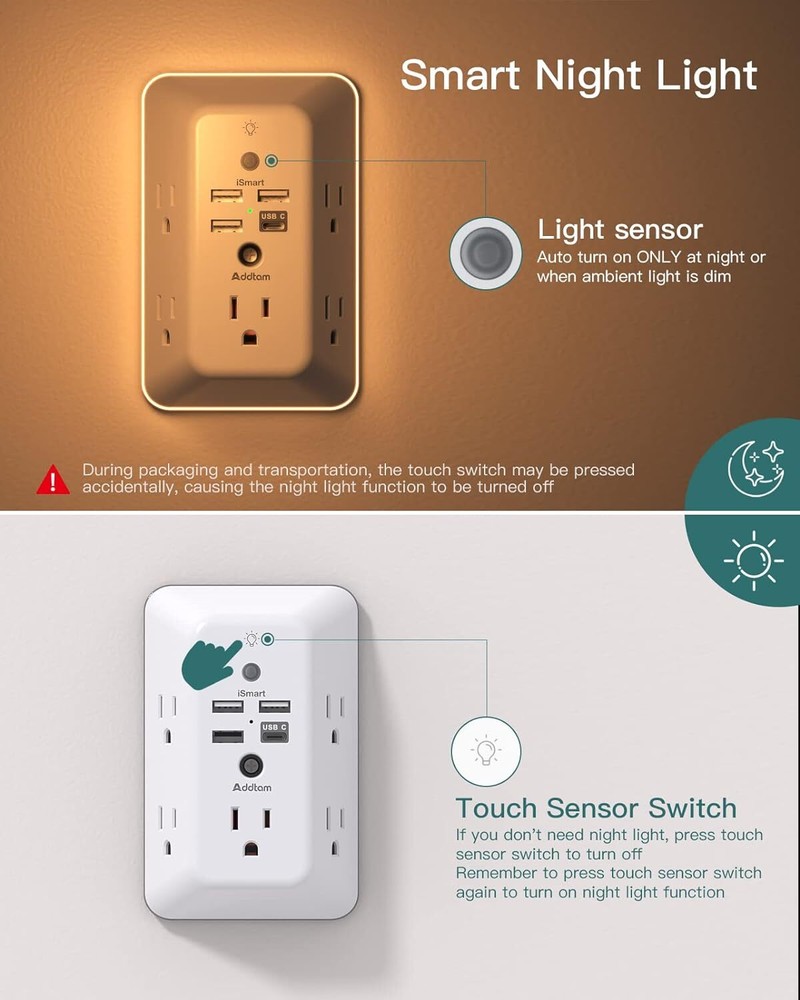 Surge Protector, Multi Plug Outlet Extender with Night Light for Home, white