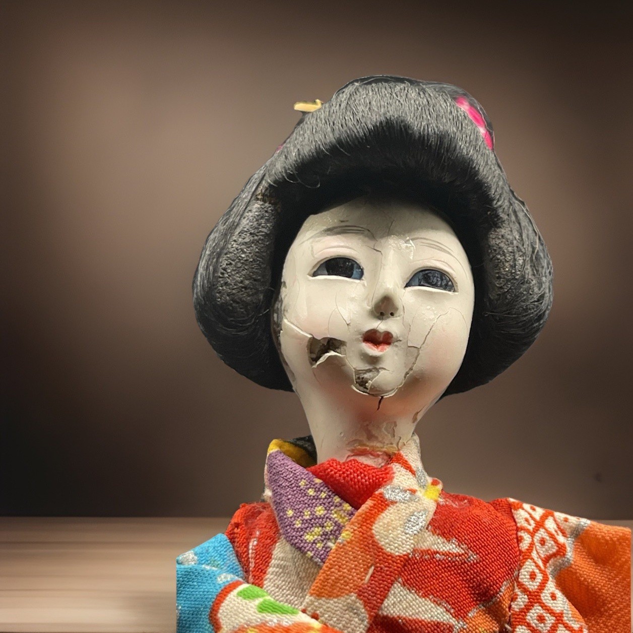 Rare Vintage Japanese Hand Made Japanese Geisha Girl Old Signs Of Age Decay Face