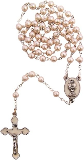 Off White 5 mm First Communion Rosary Beads for Girls with Chalice Centerpiece,