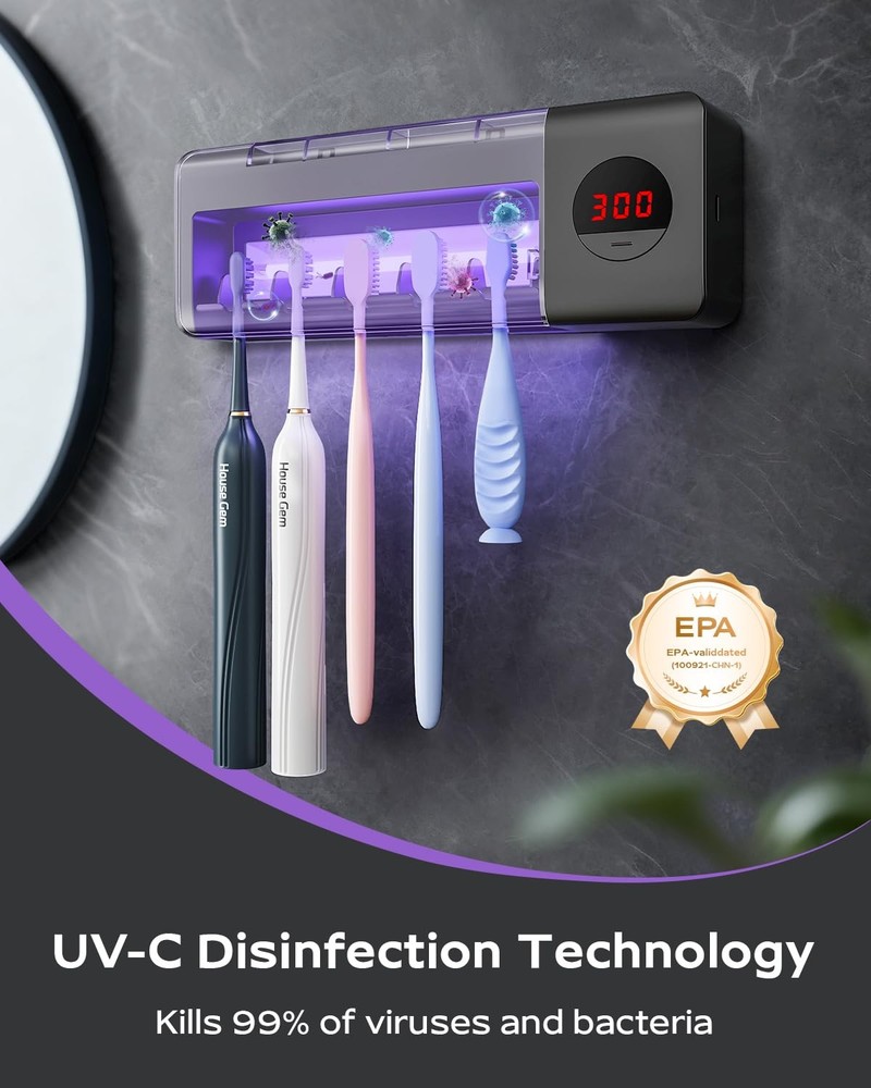 HouseGem Toothbrush Holder, Timer Function, 2000mAh Rechargeable Cordless Wal...