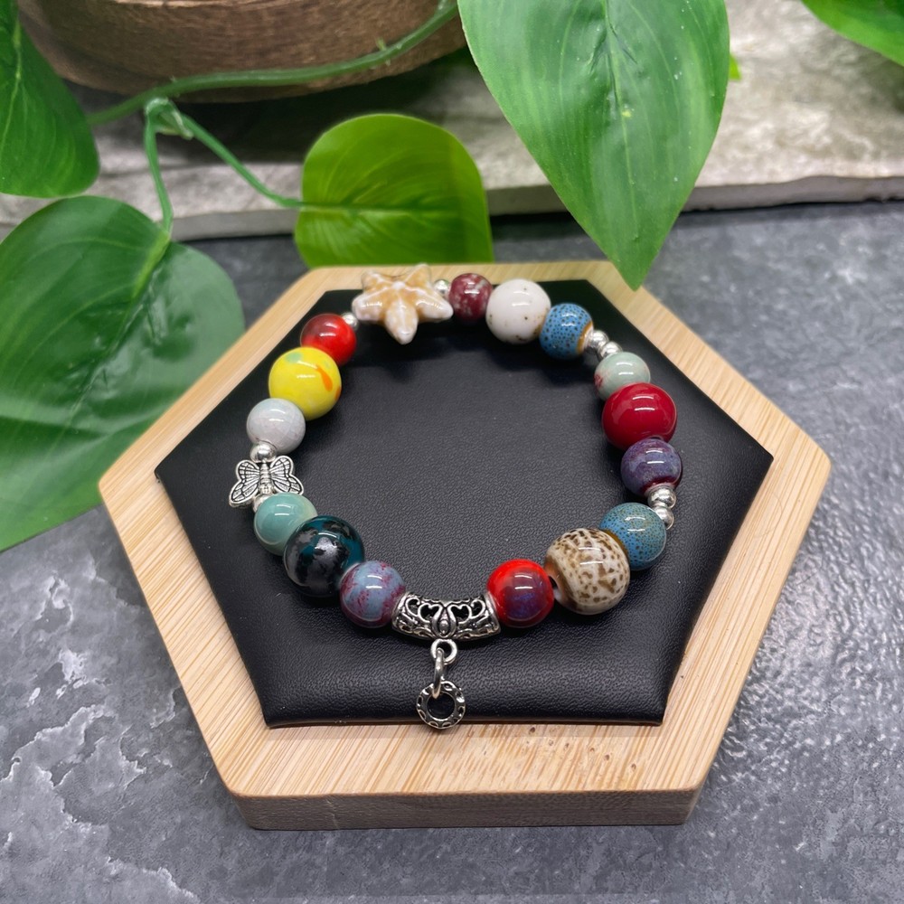 Handmade Ceramic Bead Beaded Stackable 6.5” Plus Stretch Bracelet New B536