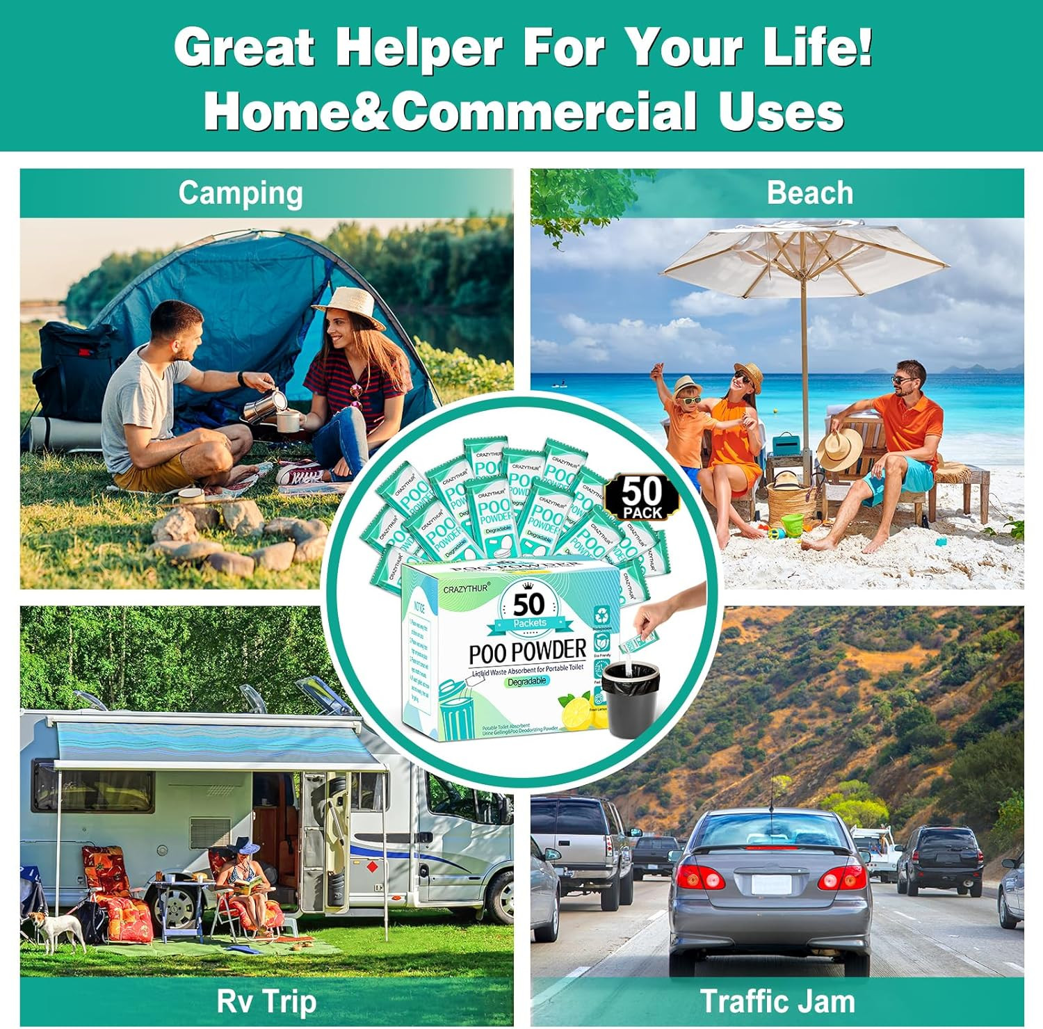 Portableportable Toilet Gel, Poo Powder for Portable Toilet, Camping Toilet Gel,