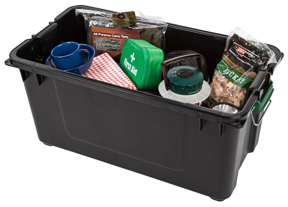 82 Qt. Black WeatherPro Plastic Storage Tote Stackable Water-Resistant Lockable