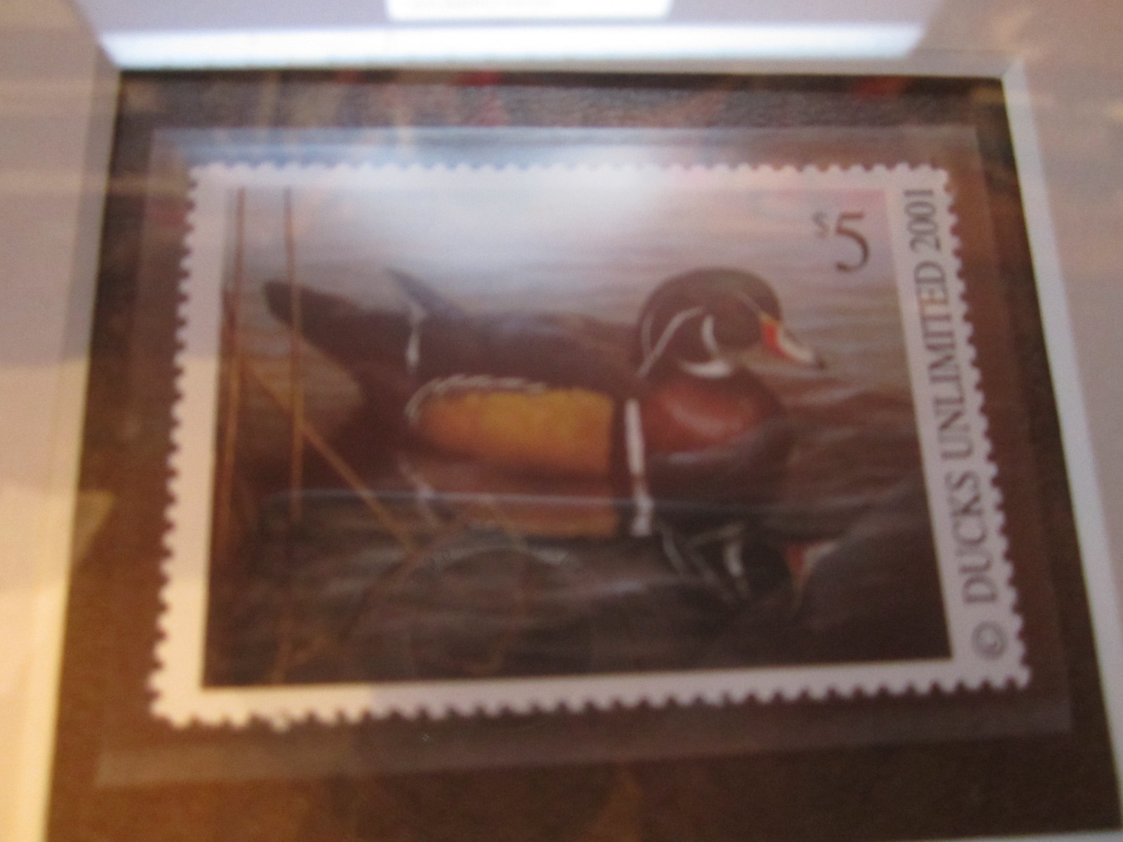 2001 DUCKS UNLIMITED $5 STAMP SET W/ CARVED FIGURE FRAMED 11”x 9”x1” VG