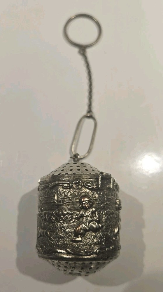 Silver Tea Infuser Repousse Dutch-Style Scene Chatelaine