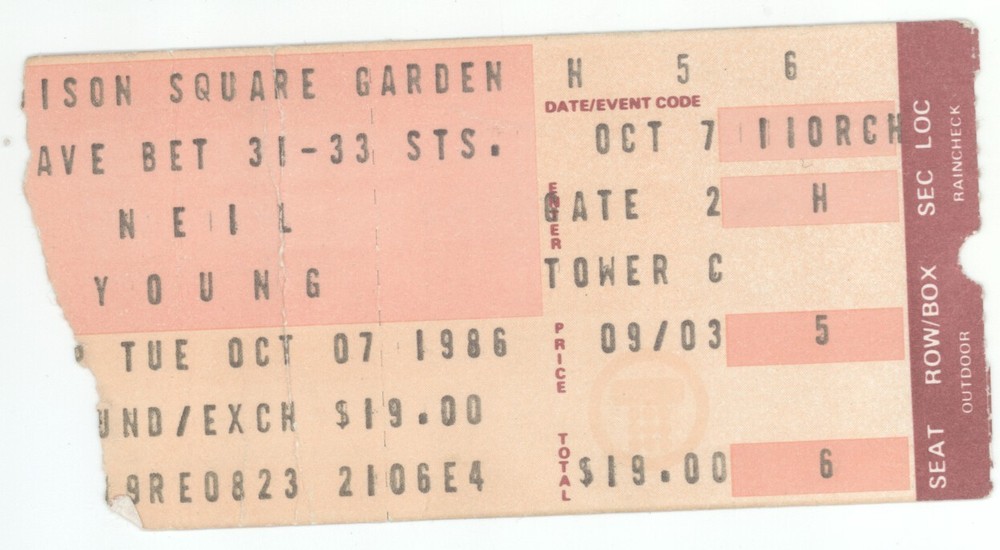 Neil Young 10/7/86 New York City NY Madison Square Garden Ticket Stub! NYC MSG