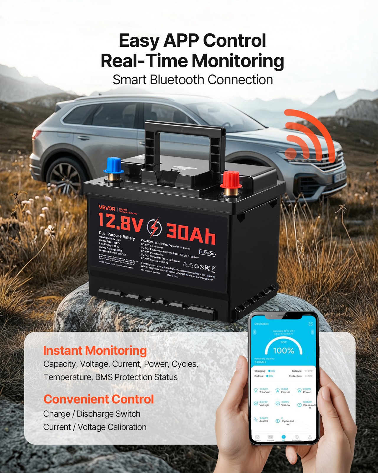 VEVOR 12V 30Ah Dual Purpose LiFePO4 Lithium Battery 600 CCA Starter Deep Cycle