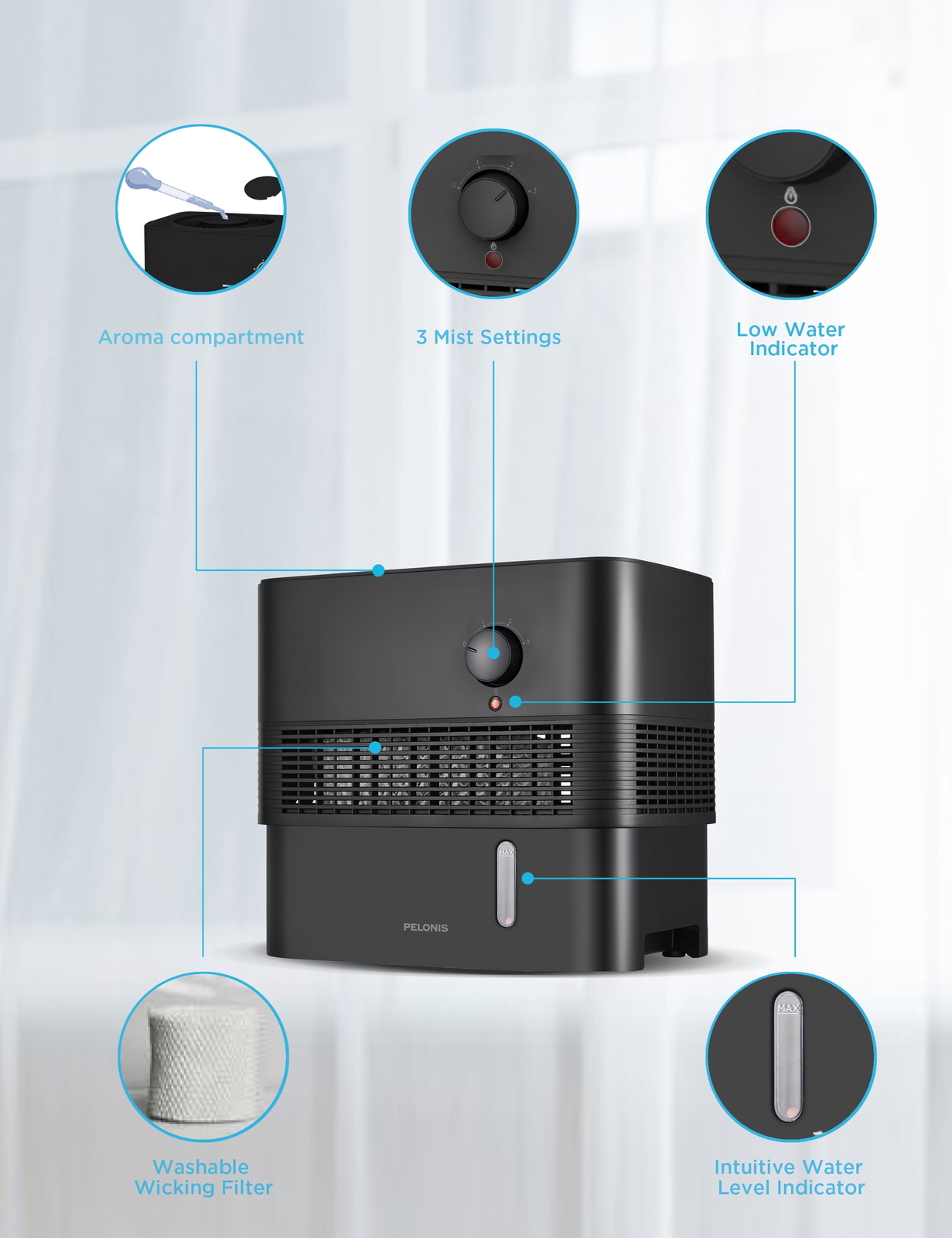 Pelonis 1 Gallon Evaporative Humidifier, Black