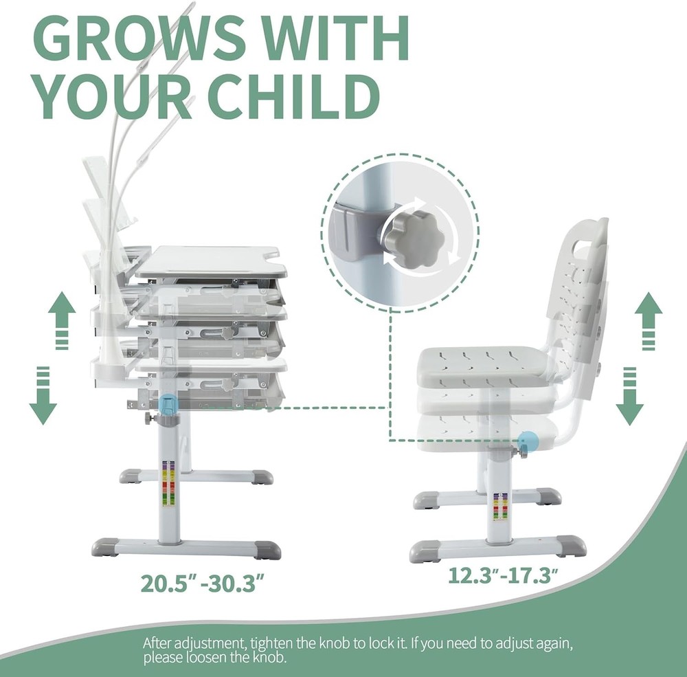 Ergonomic Children Study Desk with LED Light, Grey