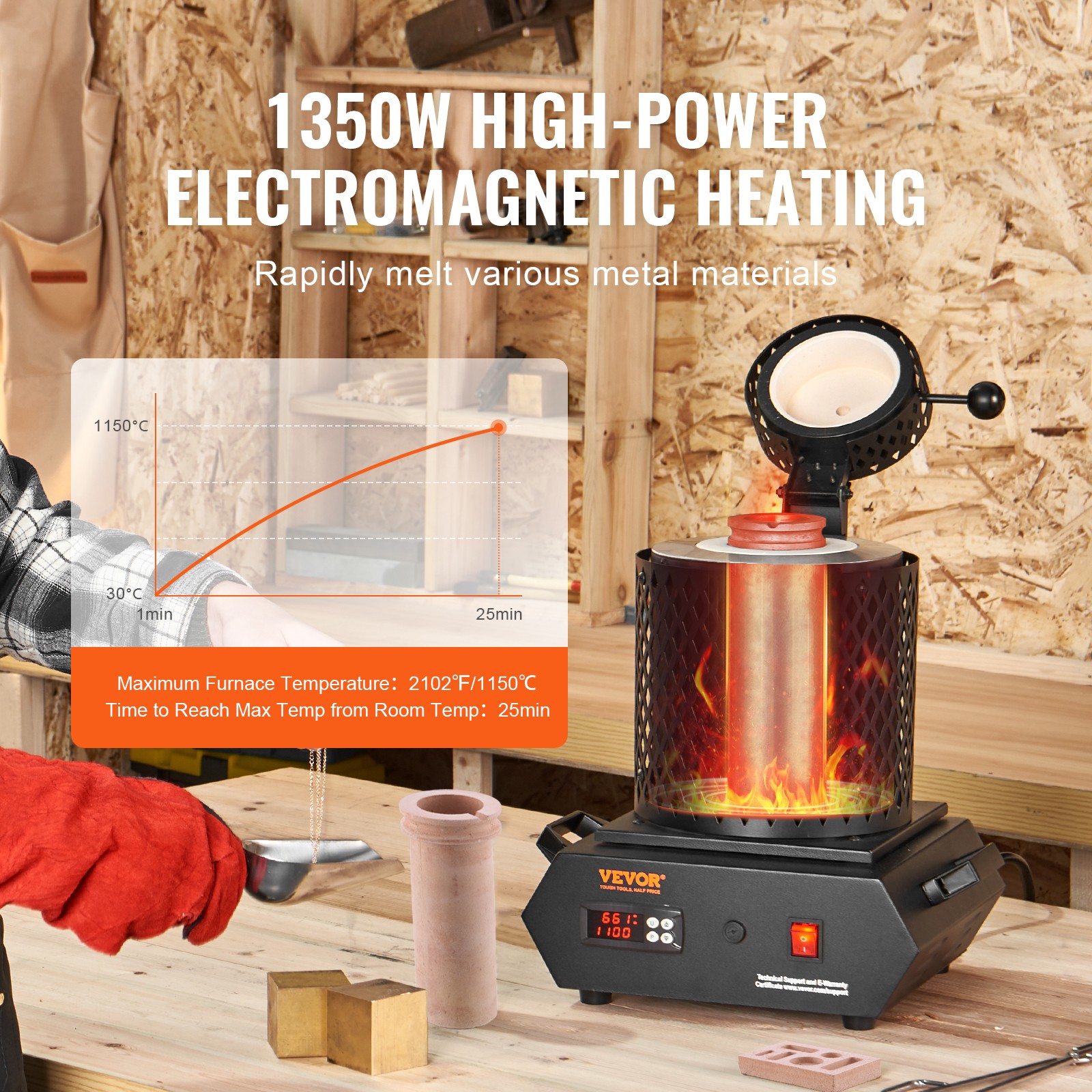 VEVOR Gold Melting Furnace 1350W Electric Digital Smelting Furnace 2 Crucibles