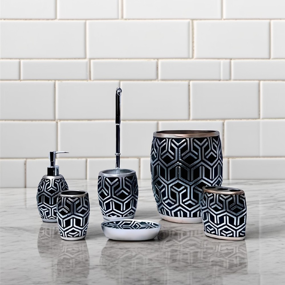 10"H Black Silver Modern Geometric Pattern Bathroom Accessories Set