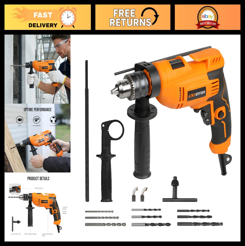 Powerful 5.8Amp Corded Hammer Drill, 1/2" Variable Speed, 9 Drill Bits & Handle