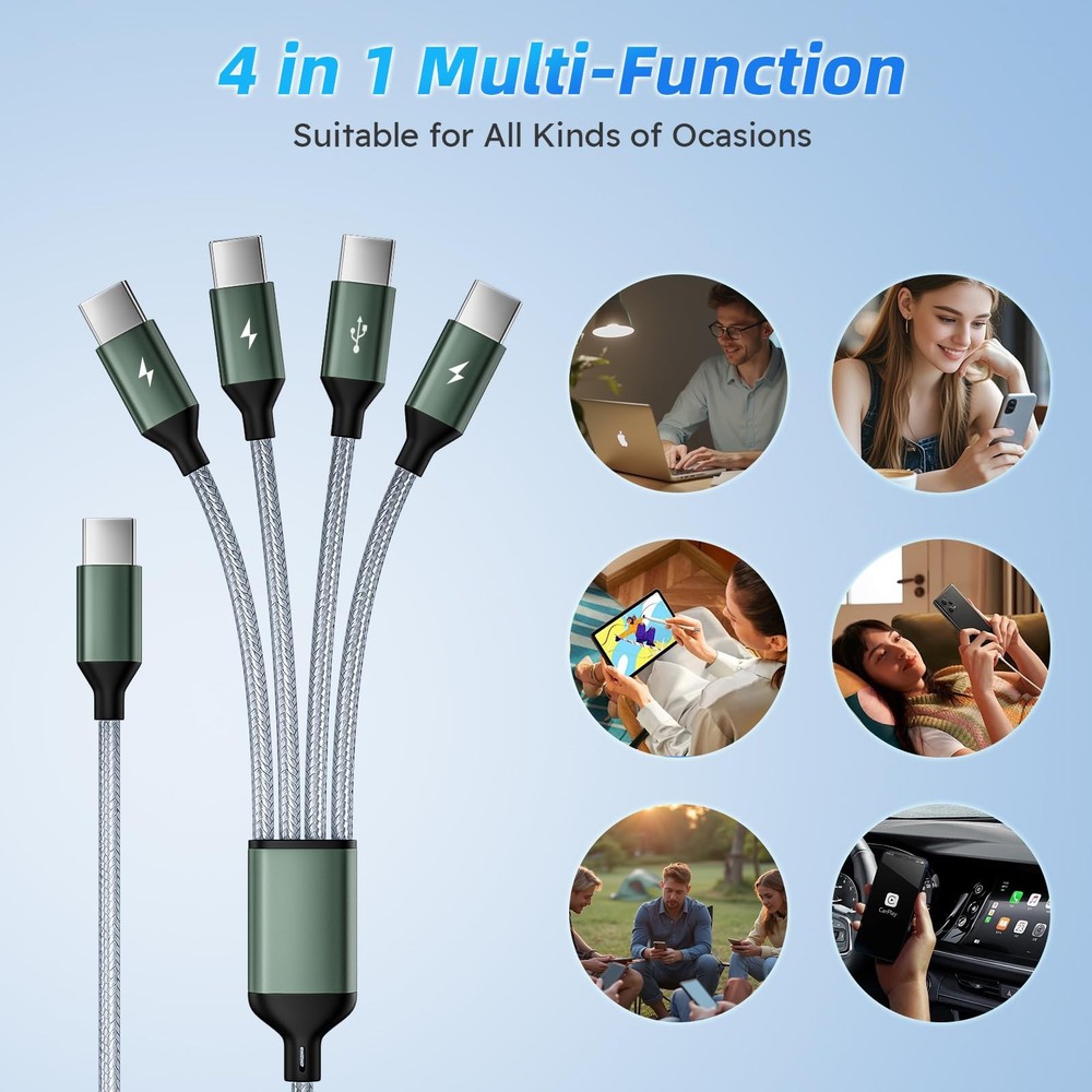 USB C Multi Charging Cable with 4 Type-C Connectors, C 1Pack_5FT, Grey