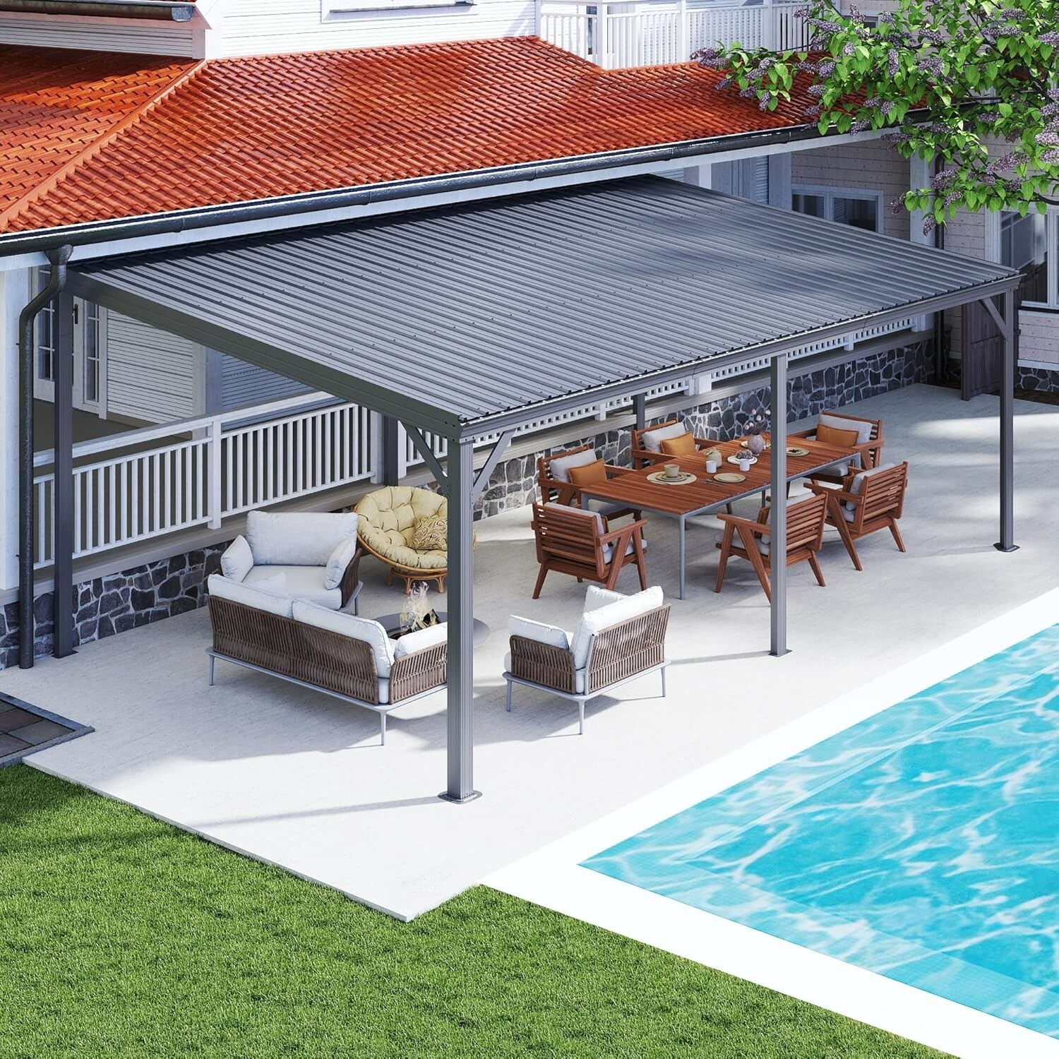 Domi 12x20FT Lean to Gazebo, Wall Mounted Gazebo w/Sloping Roof,Drainage System